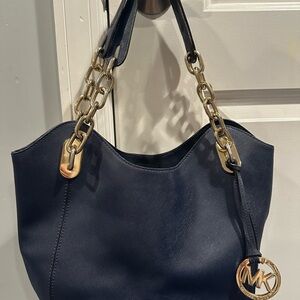 Michael Kors Dark Blue Shoulder Bag with Gold Accents